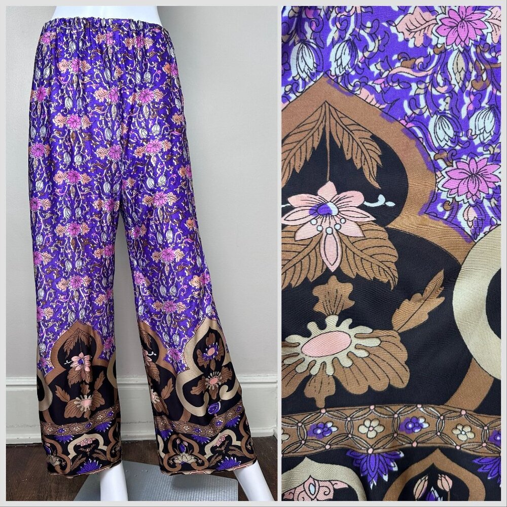 Vintage 1970s Purple Floral Border Print Wide Leg Pants, Size Small-Medium